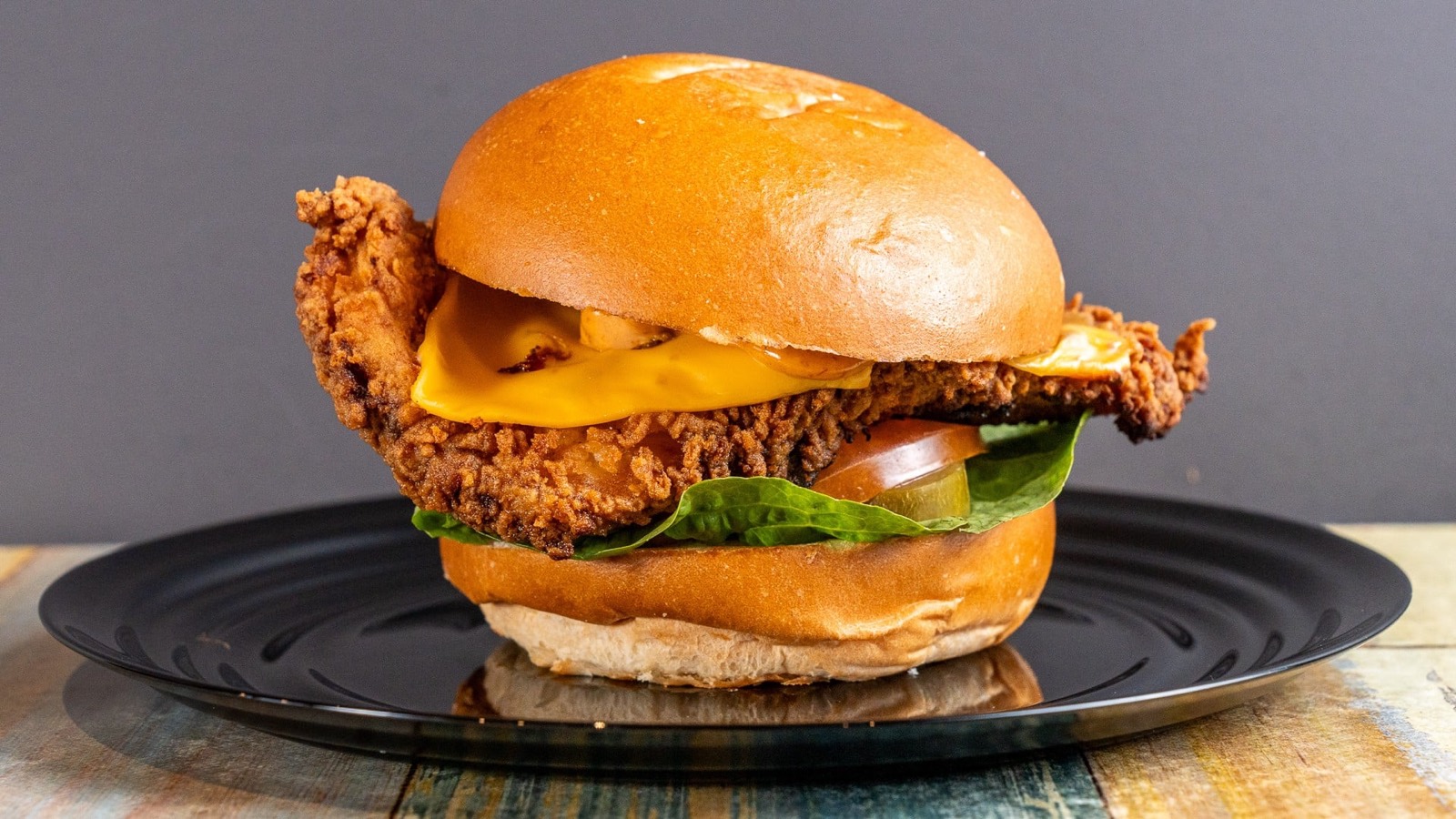 Crispy chicken burger photographed for a restaurant